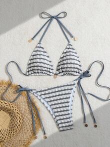 Bộ bikini nữ kẻ sọc gợn sóng xẻ tà gợi cảm, bikini dự tiệc spa cao cấp phối màu tương phản, bộ bikini kiểu Âu Mỹ gợi cảm cổ yếm dành cho nữ, đồ bơi nghỉ dưỡng bãi biển bán chạy nhất cho kỳ nghỉ hè. - Xám - Xem 3