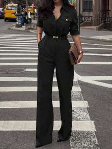 Women's Elegant Commuter Jumpsuit, Solid Color Polyester Fabric, Front Button Pockets With Zipper - Black - View 5
