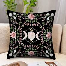 TOPSSCTR 1件黑色主题抱枕套，饰有月亮、星空和花卉图案，神秘装饰枕套，17.7英寸/45厘米复古黑色方形抱枕套，花朵、月亮和猫咪印花枕套，适用于家居书房、办公室装饰（不含枕芯） - 黑色 - 查看 6