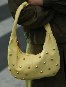 Fashionable Rivet Punk Style Knotted Shoulder & Armpit Crescent Bag, Fashionable Cream Yellow Women Handbag - Yellow - View 4
