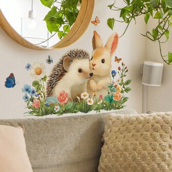 1pc Removable Rabbit & Hedgehog Wall Sticker With Butterfly Floral Pattern, Suitable For Spring Easter Bedroom Living Room Hallway Wall Decor