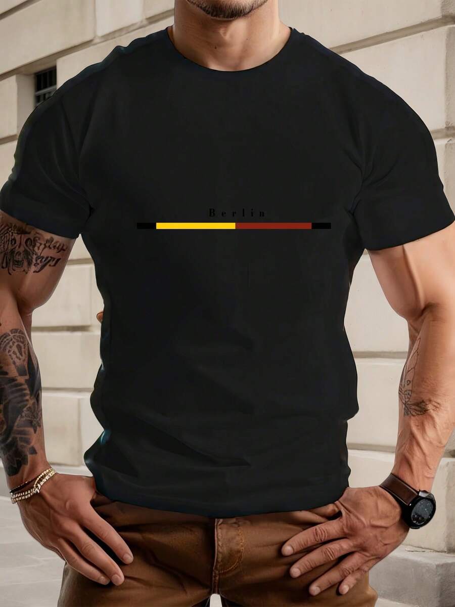 Herren--Shirt mit Berlin-Muster, Streetwear, Rundhals, Kurzarm, für den Sommer - Schwarz - Übersicht 1