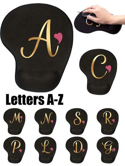 1个符合人体工学的EVA腕托垫，印有粉色爱心和金色字母图案（A-Z），防滑记忆海绵鼠标垫，舒适的桌面支撑垫，适用于办公电脑、笔记本电脑、返校季、上班族、教师、游戏玩家、家居装饰、办公用品，情人节送给爱人的绝佳礼物