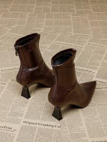 Women's Brown High Heel Ankle Boots, Short Boots, High Heels, Elastic Slim Boots, High Heels, Chunky Heels, Pointed Toe Boots - Brown - View 3