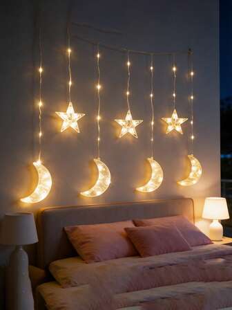 1ชิ้น ไฟประดับ LED รูปดาวพระจันทร์, แหล่งจ่ายไฟแบตเตอรี่, ไฟกระพริบ, ห้องนอนในร่ม, หน้าต่าง, ไฟประดับผนัง, ไฟประดับรูปดาวพระจันทร์สำหรับตกแต่งบ้านในวันคริสต์มาส, ไฟดาวตกแต่งห้องนั่งเล่น