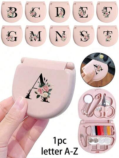 Sewing Tool Box With Black Flower Initials Letters A-Z, Perfect Gift For Beginners Sewing: 1 Portable Mini Sewing Set - Foldable, Diy Sewing Supplies And Accessories, Suitable For Travelers And Emergency Clothing Fixators, Mini Needle Box Portable Small Needle Bag Sewing Tool Combination Set Hotel Supplies