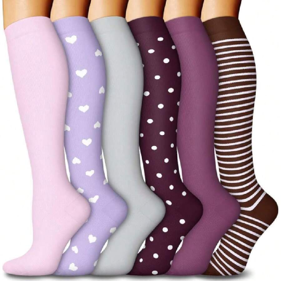6 Pairs Compression Socks For Women & Men 15-20Hg Graduated Support Knee High Socks For Nurses, Travel, Athletic,36065401 - Màu tím - Xem 1