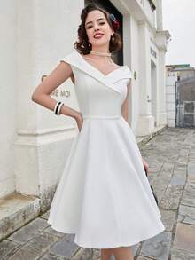 MUXXN 1950s Retro A-Line V-Neck Casual Cocktail Party Swing Dress Elegant - White - View 4
