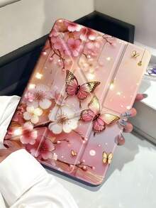 蝴蝶花朵图案 iPad 保护套，兼容 iPad Air 4/5 (10.9 英寸)、iPad 7/8/9 (10.2 英寸)（带 Apple Pencil 插槽），也适用于 Tab S6 (10.4 英寸)、Tab A7 Lite (8.7 英寸)，皮革材质，是返校季、情人节、新年礼物的理想之选，卡通风格平板电脑保护套 - 彩色 - 查看 2