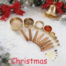 13-Piece Stainless Steel Measuring Cups And Spoons, Kitchen Gadgets, Stainless Steel Measuring Cups With Acacia Wood Handles, Measuring Spoon Set Suitable For Dry Goods And Liquids, Baking Tools DIY Seasoning Spoons, Suitable For Various Holidays - Gold - View 9