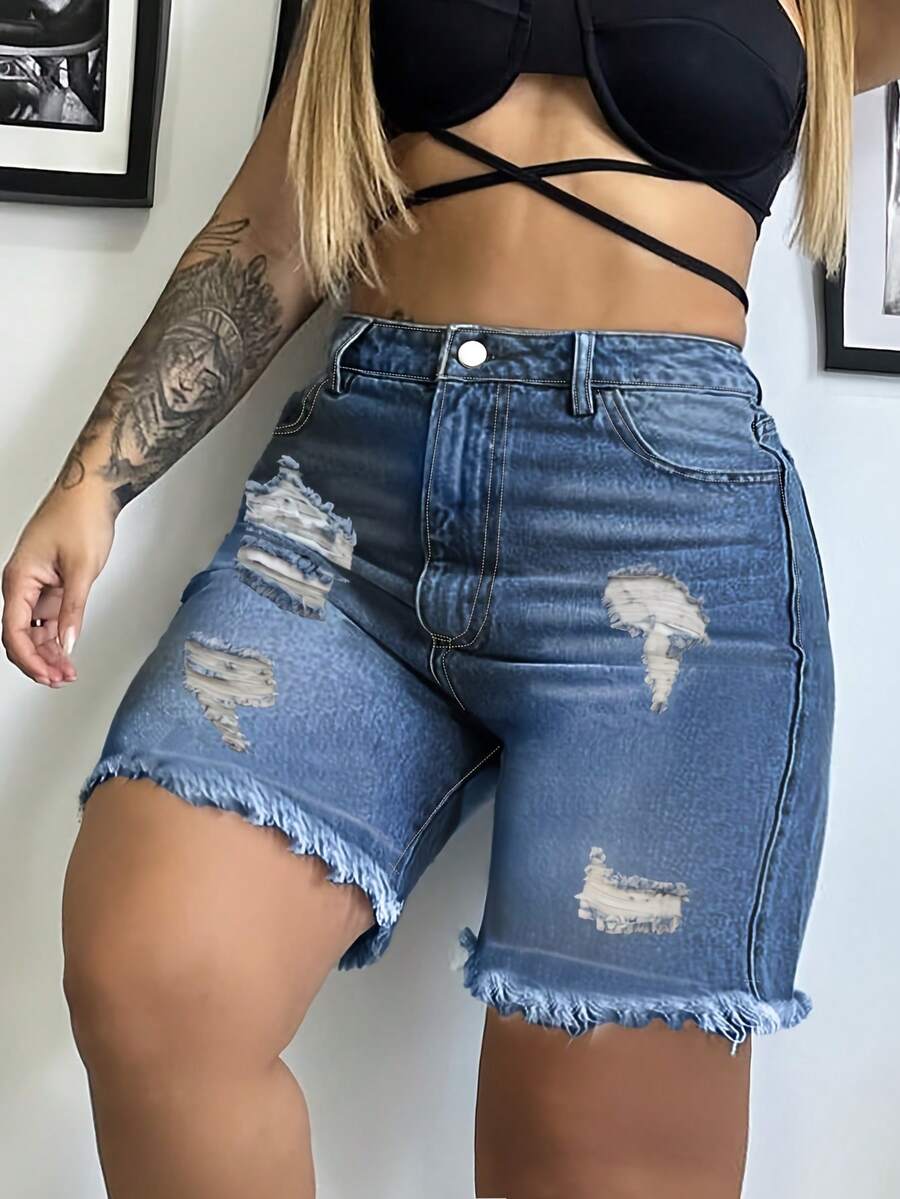 Plus Size Mid-Rise Wash With Water Denim Biker Shorts For Women, Oversized Ripped Distressed Design With Frayed Hem, High-Street Casual Stretch Fit - Rửa tối - Xem 1