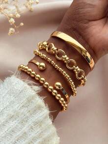 5pcs Fashionable Punk Inspired Metallic Beaded Gold Bracelet & Bangle Set For Women, Suitable For Daily Wear, Dates, Parties, Weddings, Birthdays, Valentine's Day Gifts - Yellow Gold - View 3