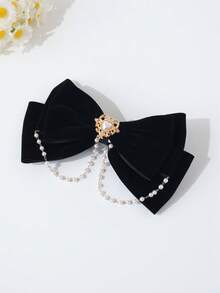 1pc Girls' Elegant & Sweet Velvet Pearl Heart Decor Bow Hair Clip, Suitable For Gifts, Festivals, And Daily Wear - Bow Hairpin - View 7