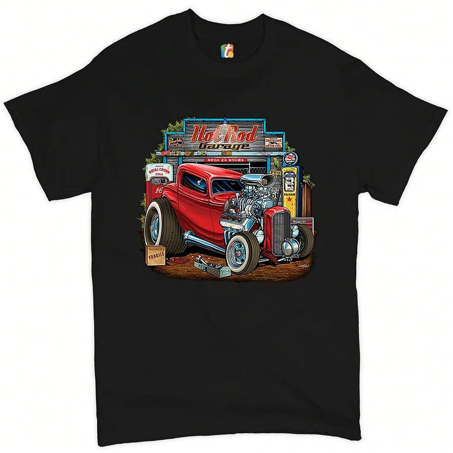 Camiseta de Hot Rod Garage para hombre, diseño retro de coche de carreras de aceleración - Negro - Ver 1