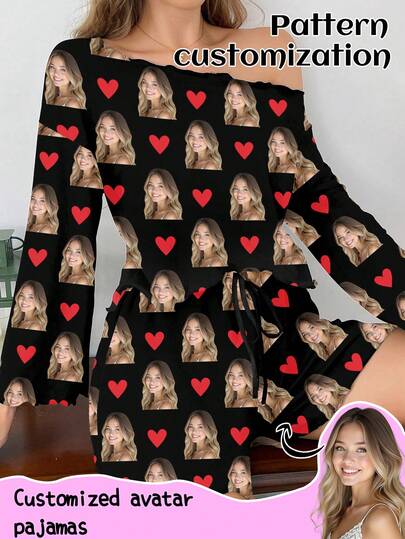 Conjunto de pijama personalizado para mujer, se puede imprimir cualquier patrón, pijamas personalizados con fotos, ropa de dormir cómoda con imágenes divertidas personalizadas. Adecuado para el Día de San Valentín, cumpleaños, regalos, personalizado, colorido, lindo, ingenioso, único, regalo ideal para la novia, adecuado para la novia, familia, amigos, mayores, de moda para otoño, fiesta de vacaciones