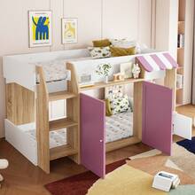 Children's Cabin Bed 90x200, With Open Storage Space And Ladder, Mid-Height Bunk Bed In Solid Wood (Without Mattress), White, Pink And Wood Colour. - 白色+粉紅色+木 - 查看 2