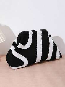 BAILEE Fashionable Retro Striped Colorblock Women's Clutch Bag, Zipper Closure, Suitable For Matching With Various Outfits, Perfect Gift Choice - Black and White - View 7