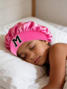 Children's A-Z Letter Pink Elastic Wide Brim Satin Sleeping Cap - Fit, Hair Protection, Ultra Soft & Breathable Design With Anti-Slip Lining - Hot Pink - View 3