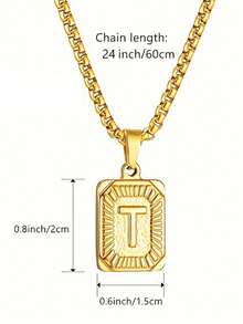 1pc Men's Bestselling Stainless Steel Square Letter Pendant Necklace, Personalized Letter Necklace, Hip Hop Jewelry - Yellow Gold - View 5