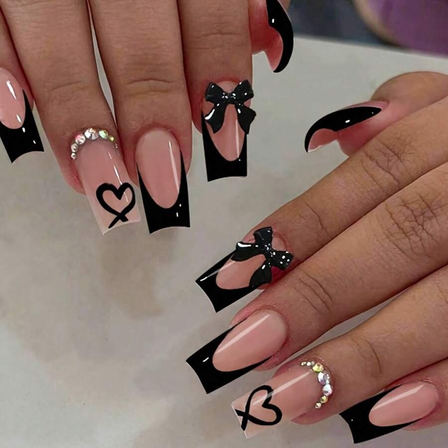 A Set Of 24pcs Pink Black Fake Nail Art, Popular Fake Nail Art, Black Pointed Nails With Butterfly Design And Heart-Shaped Decoration, Glossy Surface, Square, Medium Length - Fashionable Fake Nails Suitable For Women And Nail Art Accessories |   Glossy Surface |   Square Nails - Hồng - Xem 1