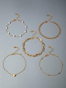 5pcs/Set Minimalist Metal Chain Pendant, Heart & Pearl Decor Layered Anklet Jewelry Set, Suitable For Daily Wear, Casual, Party, Gift - 28838-ank-g-3-eP - View 3