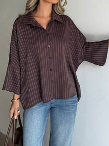 Áo kiểu nữ Doriss tay cánh dơi kẻ sọc dáng rộng, màu nâu, thích hợp cho dịp năm mới, tựu trường, các sự kiện trang trọng, mùa cưới, ngày Valentine, mùa xuân, kỳ nghỉ biển, v.v. - Đỏ - Xem 2