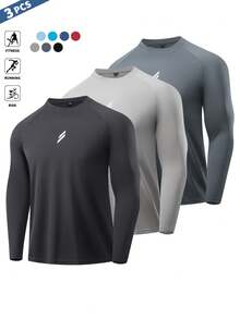 3件套 男士圆领插肩长袖简约运动健身T恤 - 彩色 - 查看 2