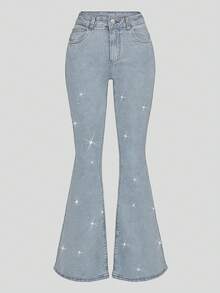 GILIPUR Y2K Style Rhinestone Flare Jeans, Solid Color High Waist Slim Elegant Casual Women's Pants, Stretchy Light Blue Washed Long Trousers, Street Style Spring - Light Wash - View 6