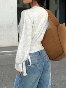 2025 Autumn/Winter Wrap Tie Knit Sweater, White, Women's Essential For Home, Commute, Date, Travel, Suitable For Various Occasions, Light Gray - Light Grey - View 8