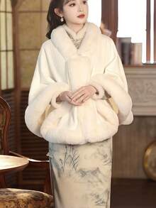 1pc Vintage Gentle Goddess Evening Gown Cloak Jacket, Faux Pearl Button & Furry Trim Collar, Versatile Warm Wrap Shawl, Suitable For Any Holiday Gift - A - View 5