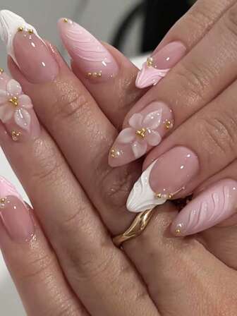 24 piezas de uñas postizas rosas francesas con flores 3D y cuentas doradas, esenciales para el Día de San Valentín