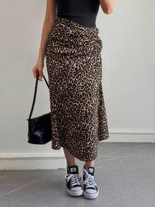 QIANZHIDU 豹纹半身裙、派对礼服、办公装、短裙、音乐节休闲户外装、街头风、秋季时尚、校服、情人节装、约会上衣、优雅复古风、商务休闲教师装、新年派对半身裙、感恩节装 - 棕色 - 查看 3