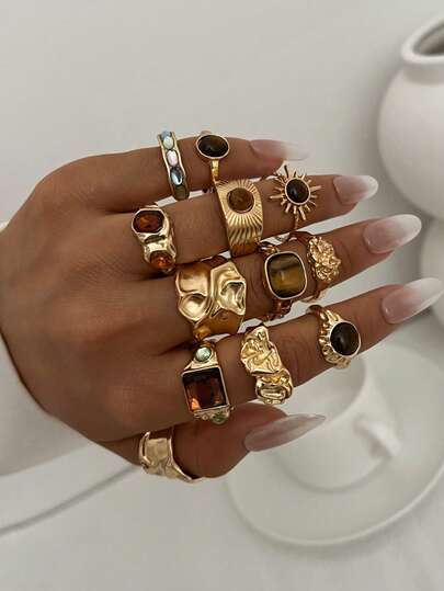 12pcs Vintage Fashion Simple Elegant Sophisticated Bohemian Style Antique Coin Textured Geometric Criss-Cross Round Braided Smooth Wide Chunky Ring Set, Suitable For Holiday, Party, Date, Gift, Daily Wear