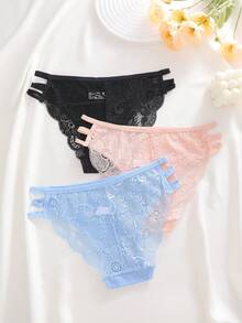 3件套纯色蕾丝拼接细肩带镂空性感浪漫女士内裤 - 彩色 - 查看 2