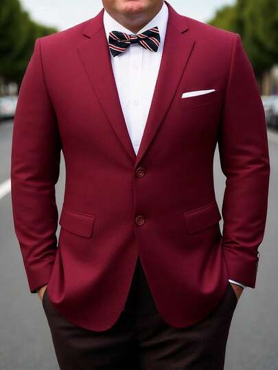 Furuyal 大码男士西装套装，时尚纯色西装外套，优雅单排扣修身西装，适合婚礼、派对、晚宴、正式及商务场合，酒红色，尺码 XS-3XL