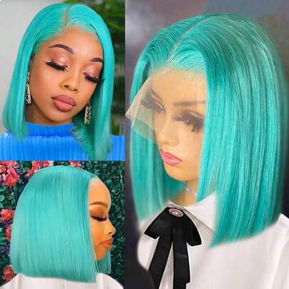 10-12 Inch Mint Green Short Bobo Hairstyle Lace Front Wig, 180% Density Human Hair Wigs, Pre-Plucked Hairline, Straight Bobo Cut Lace Front Wig, Affordable Wig For Christmas & New Year