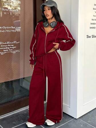 2 ชิ้น/1 ชุด ชุดเซ็ตเสื้อฮู้ดมีซิปรูดด้านหน้าสไตล์สปอร์ตลำลองสำหรับผู้หญิงฤดูหนาว และกางเกงขายาวขาบาน, ชุดเสื้อฮู้ดสีแดง, ชุดลำลองสำหรับฤดูใบไม้ผลิ มีเชือกผูก Streetwear ชุดออกกำลังกาย, ปีใหม่, ชุดวันวาเลนไทน์