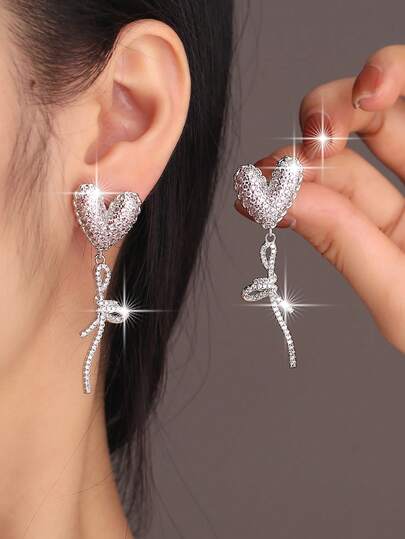1对时尚粉色爱心蝴蝶结吊坠耳环，梦幻立方氧化锆精致长耳环，适合送给女朋友日常装饰，铜质首饰，生日节日礼物