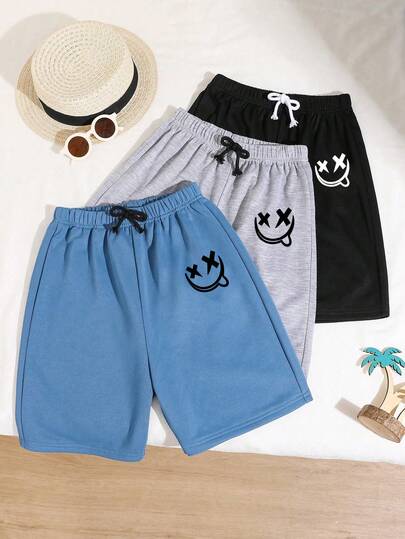 3pcs Boys' Cartoon Print Straight Loose Knit Shorts, 3 Different Colors, Suitable For School, Campus, University
