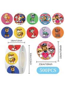 Paw Patrol 500张/卷 汪汪队立大功卡通可爱贴纸标签，卡哇伊贴纸，适用于DIY礼物、包装、装饰、派对礼品 - 彩色 - 查看 3