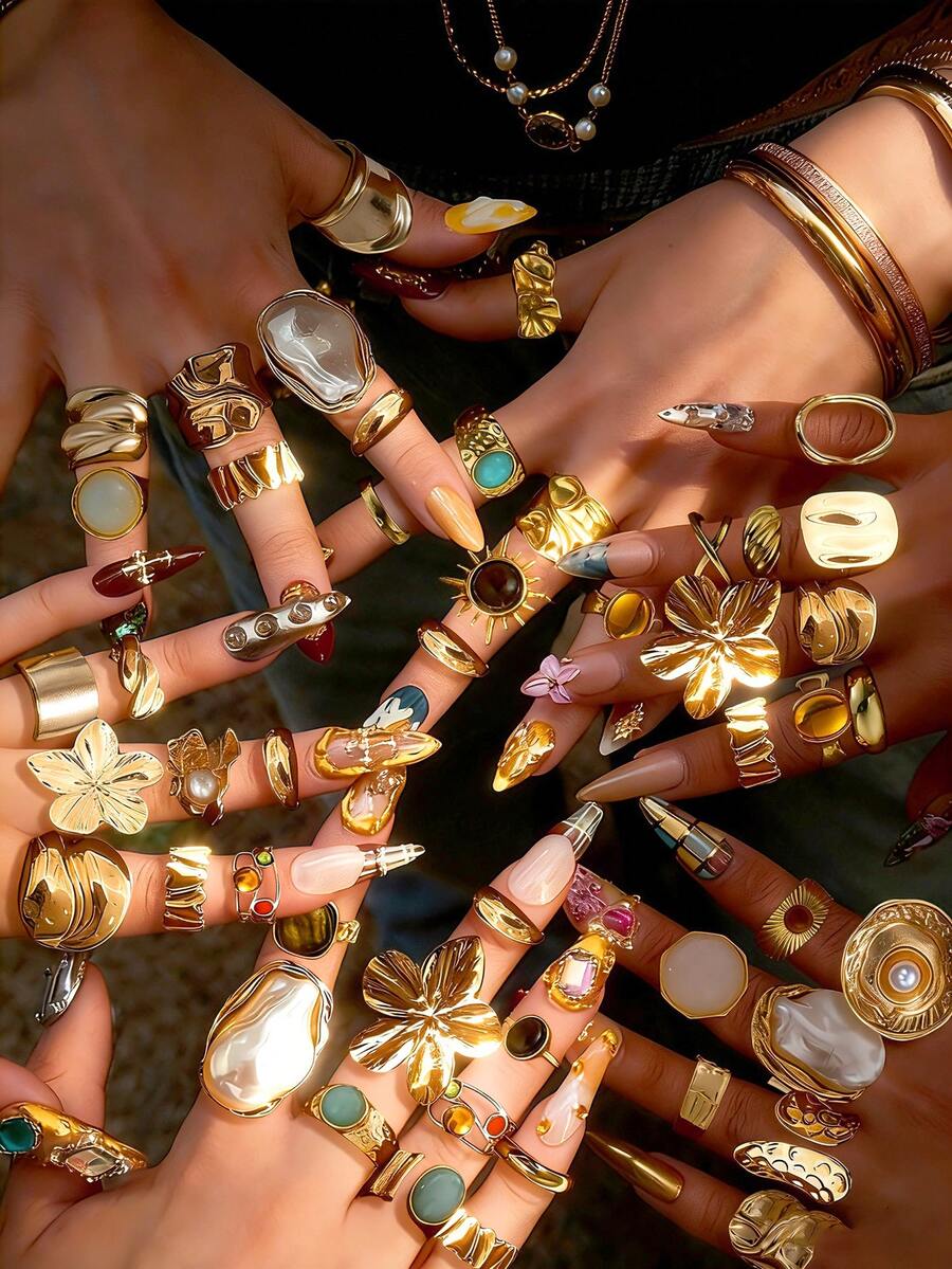 20/6pcs Vintage Elegant Luxurious Bohemian Y2K Hip Hop Style Colorful Anti-Allergy Metal Gold Rings Set, Suitable For Daily Wear And Parties (Random Delivery) - Gold - View 1