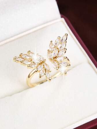 1pc Rustic Style Butterfly Shaped Zirconia Inlaid Adjustable Ring For Women