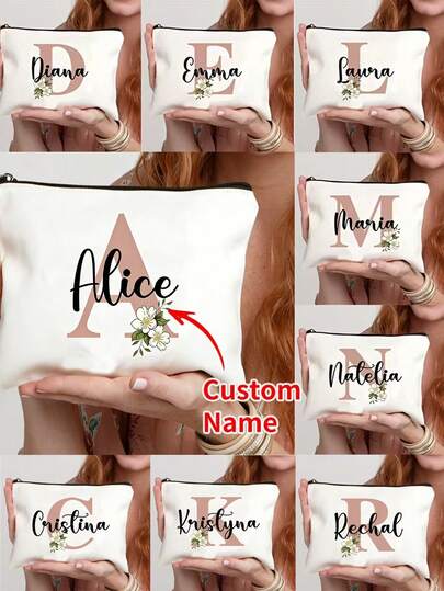 Bolsa de maquillaje personalizada con patrón personalizado, bolsa de maquillaje con 26 letras personalizadas - Neceser ligero para viajes y artículos de tocador, regalo ideal para fiestas para mejores amigas y hermanas, bolsa de cosméticos personalizada, bolsa de maquillaje, bolsa de aseo impresa y espaciosa, organizador de belleza con cremallera, accesorios de maquillaje para mujeres y niñas