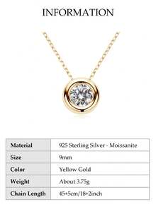 XUJIA 1pc Classic 2ct/3ct Moissanite Pendant Necklace, 8mm/9mm Round, 925 Sterling Silver, 45+5cm, Anniversary Birthday Jewelry Gift