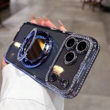 حافظة هاتف مطلية بالكريستال اللامع مع حماية العدسة، مرآة مكياج لامعة وحامل خاتم للأصبع، إطار مقاوم للصدمات عالي الجودة، متوافقة مع أجهزة 17/16E/15/14/13/12/11/X/XS Max/XR/Pro Plus، Galaxy A02S-A07/A12-A17/A22-A26/A32-A36/A50-A56/S20-S25، Honor Magic، OPPO Reno، متوافقة مع Redmi، Infinix Smart وغيرها - الأزرق - مشاهدة 3