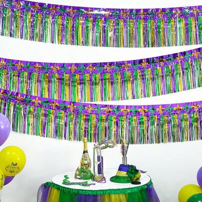 Mardi Gras Decorations 4 Packs 38X300CM Foil Fringe Garland Tinsel Streamers, Green Gold Purple Iris Pattern Metallic Hanging Backdrop Banner Table Skirts For Carnival Birthday Party Parade Floats