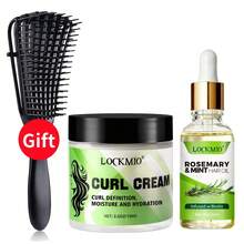 蓖麻油卷发霜和迷迭香油，造型梳套装，卷发造型霜，定型，抚平毛躁头发，卷发定型霜，柔软亮泽，保湿柔顺，轻盈配方，免洗护发素和解结剂，完美适用于干性波浪卷发、卷发和螺旋卷发。