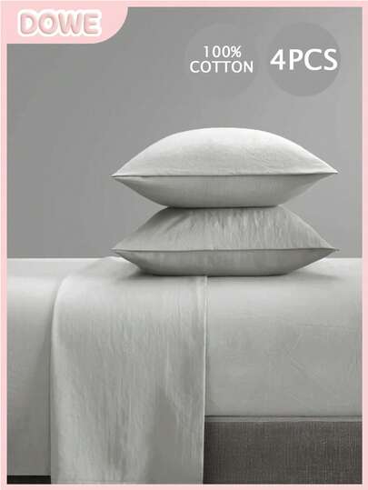 四件套床上用品，易于打理，亚麻质感，包含1张床单、1张床笠、2个枕套，可选特大号、大号、标准大号、单人床尺寸，35厘米深口袋，透气舒适，简约风格，是送给父母和朋友的绝佳礼物。