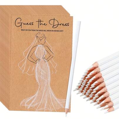 20件套新娘送礼会游戏套装 - 婚纱绘画卡，包含10张卡片和10支白色铅笔，非常适合婚礼和订婚庆祝活动，简单有趣的新娘送礼会游戏套装，适合新娘送礼会和单身派对。