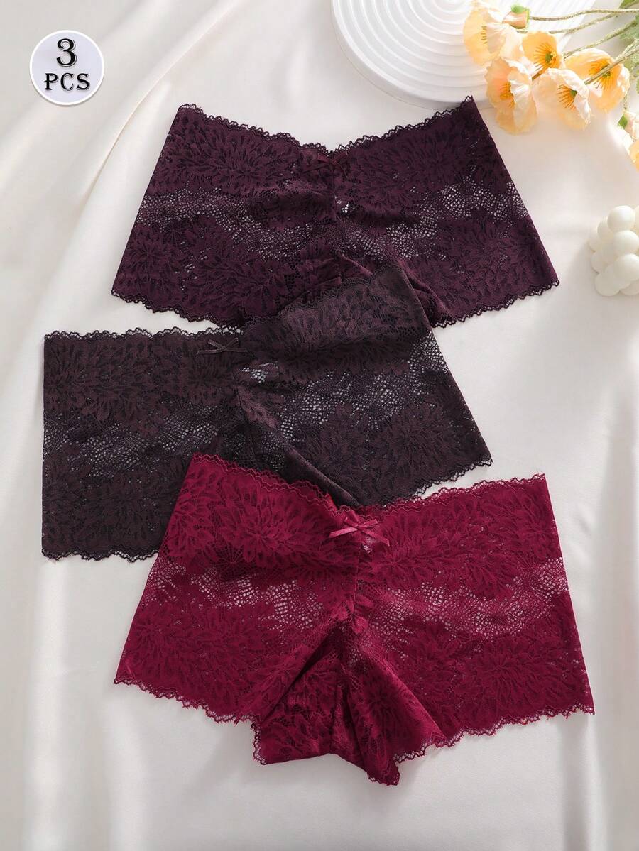 3件套纯色蝴蝶结花卉蕾丝内裤，性感浪漫女士内衣 - 彩色 - 查看 1